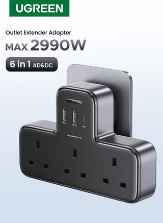 UGREEN 6-In-1 Type G Extension Plug with 3 AC Sockets, GaN Technology and 30W USB-C Fast Charger, 2 USB-A Ports, 2990W 13A Power Strip Surge Protector for Home and Office 6 in 1 Black - view 1